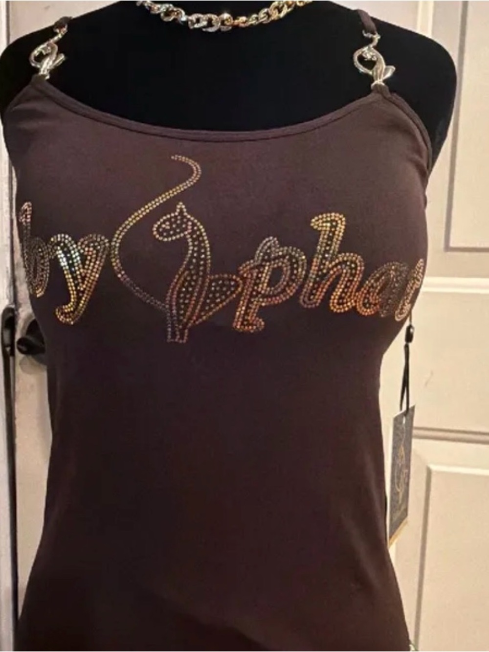 Baby Phat Brown Rhinestone Logo Chain-Strap Camisole